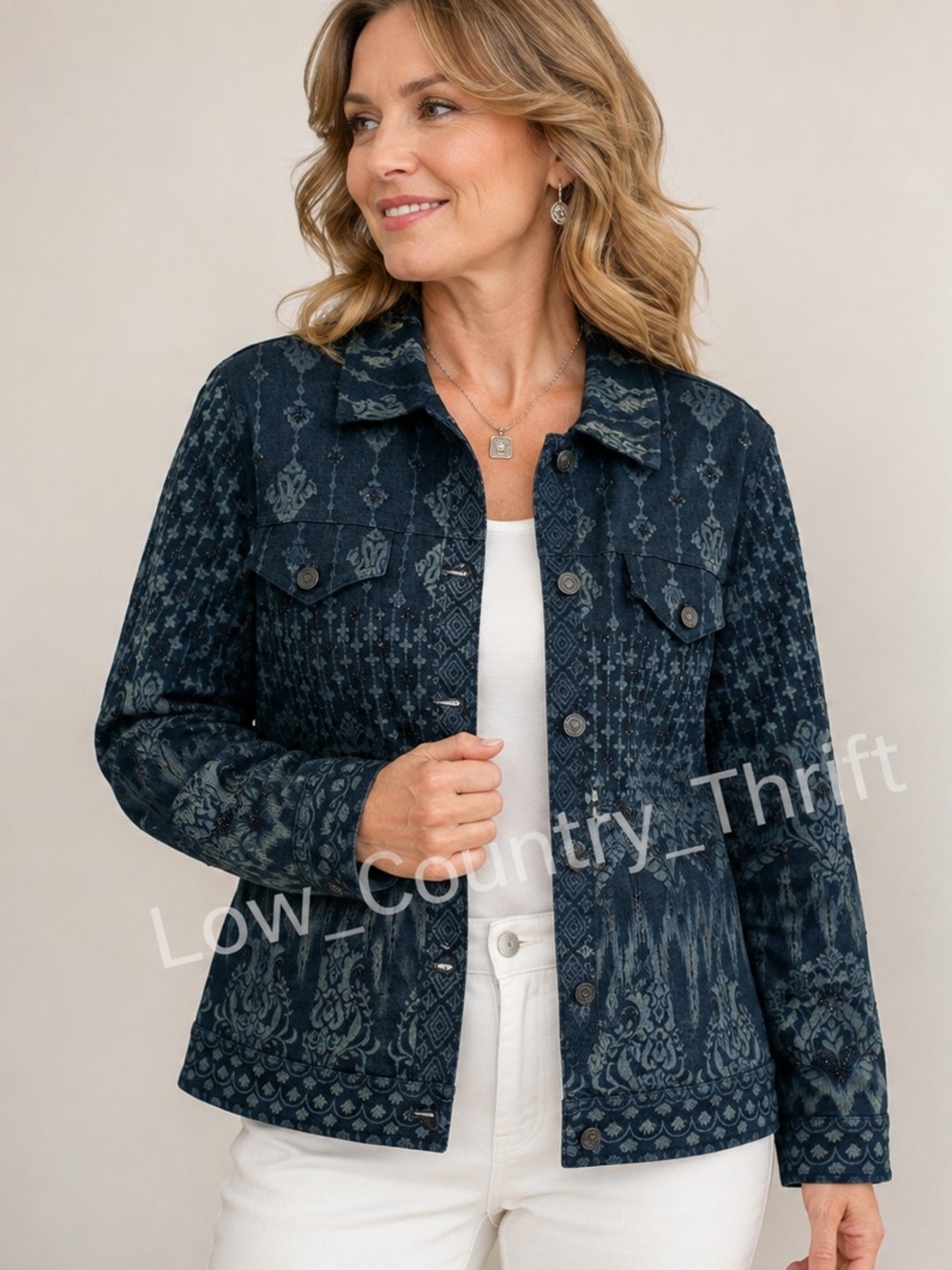Chico's Size 3 US 16 Embellished Damask Ikat Denim Jacket Blue Cotton Blend